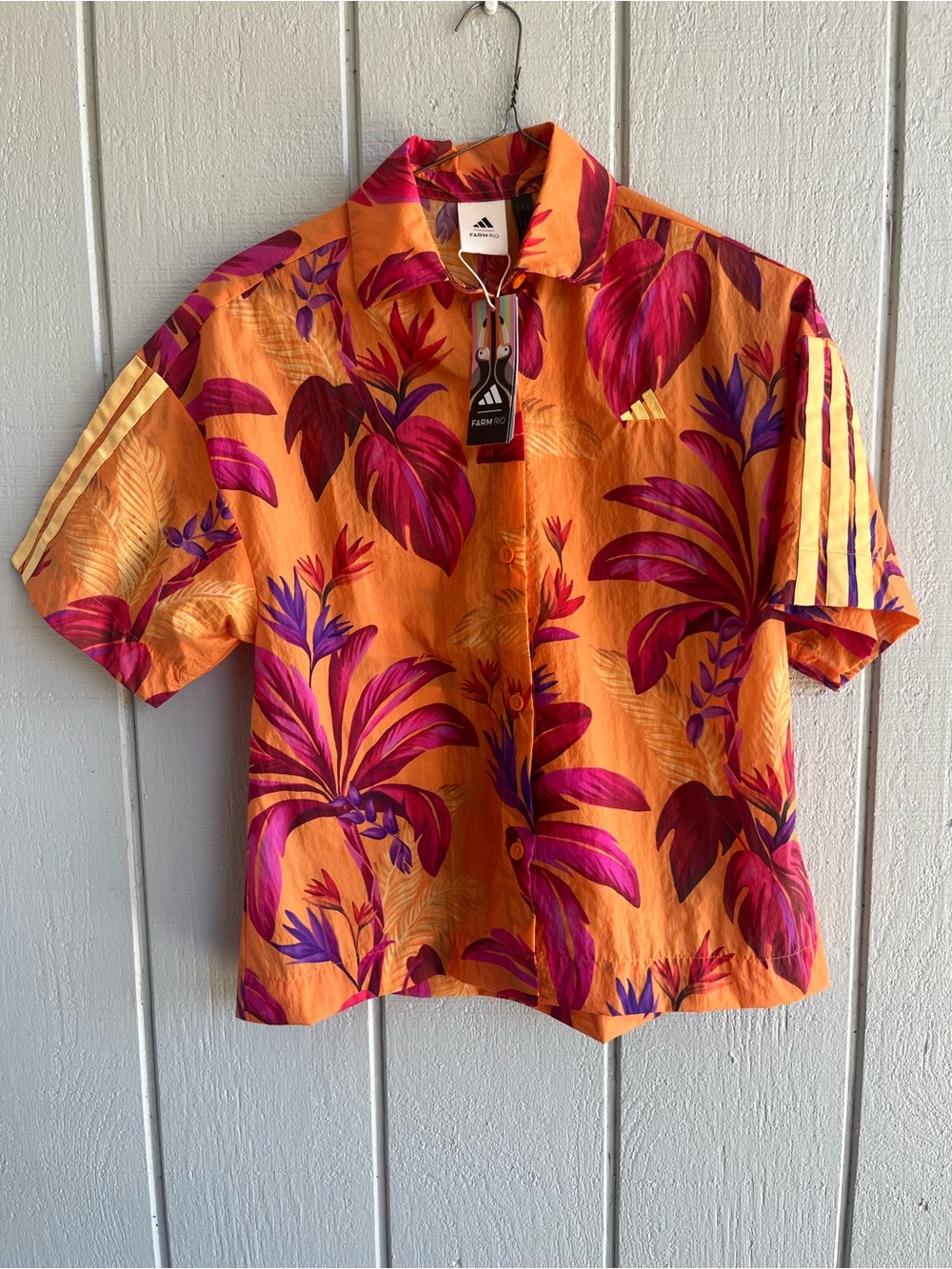 NWT Farm Rio x Adidas Tropical Breeze Bright Orange Hawaiian Shirt Size XS